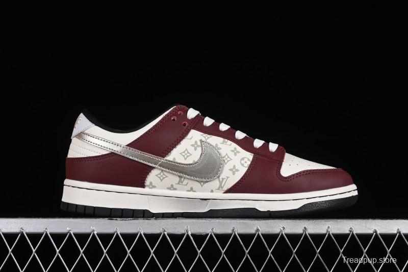 Louis Vuitton x Nike Dunk Low Customized Sneakers - Burgundy with Silver Swoosh SB Low Top Casual Skate Shoes - FC1688-188