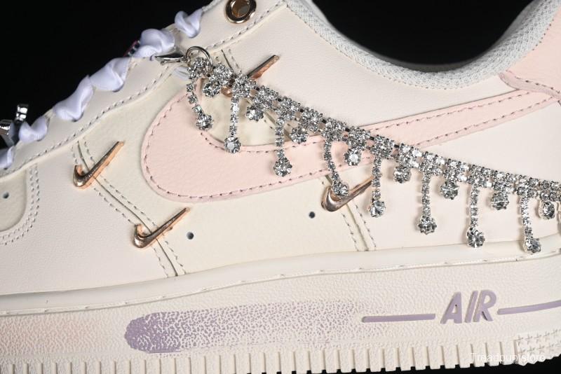 Nike Air Force 1 '07 Low Casual Sneakers in Romantic Pink-Purple with Diamond Chain Accessories - FV1122-333