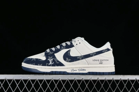 Nike SB Dunk Low LV Collaboration - Dark Blue Denim Anniversary High-End Custom Low-Top Casual Skate Shoes - XP3802-335