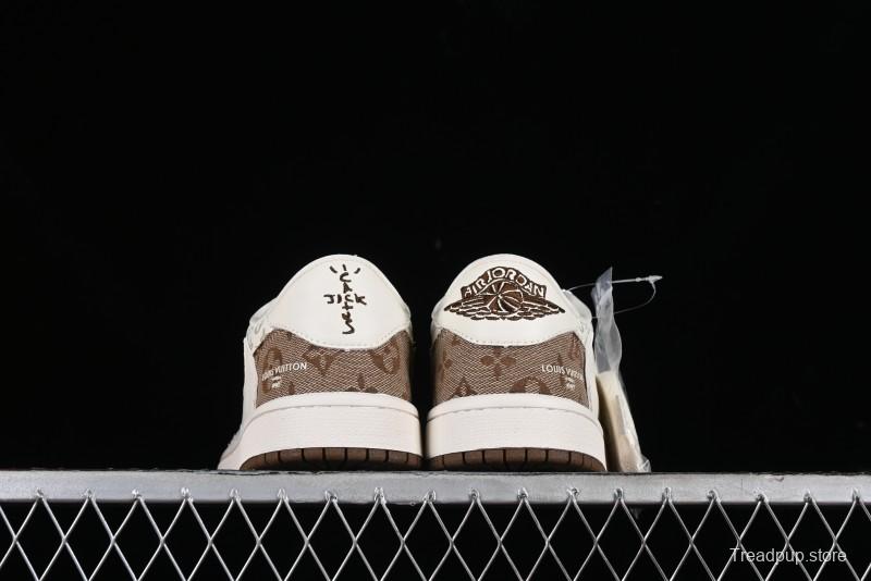 Nike Travis Scott x Fragment Design x Jordan Air Jordan 1 Low OG SP AJ1 LV Light Brown Print Casual Sneakers - SJ2068-102
