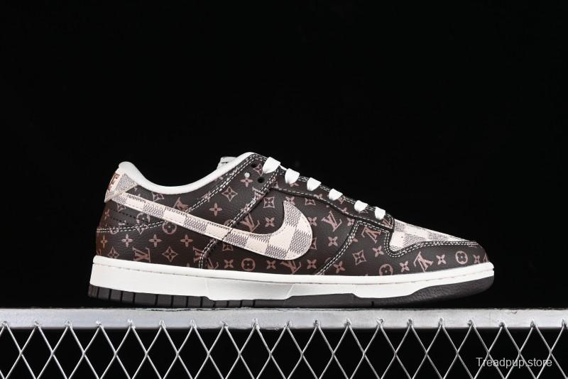 Nike SB Dunk Low LV Collaboration - Checkerboard Brown Monogram White Swoosh Anniversary High-End Custom Low-Top Casual Skate Shoes - SJ2068-255