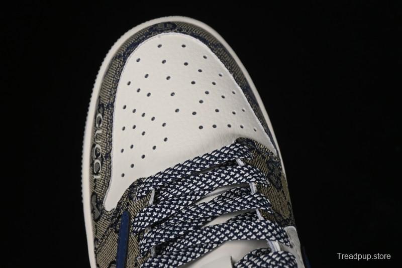 Nike Travis Scott x Fragment Design x Air Jordan 1 Low OG SP AJ1 Gucci Collaboration - Silver Logo Blue Swoosh Low Top Casual Sneakers - XY2688-118