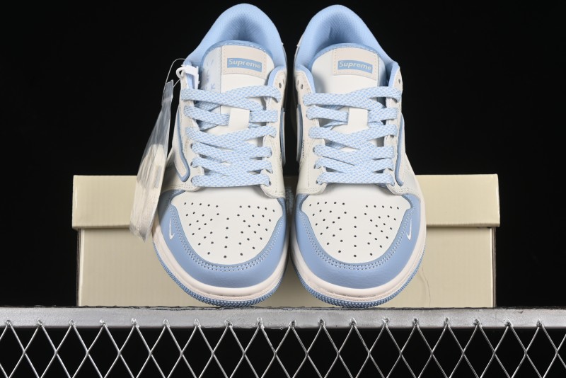 Nike Travis Scott x Fragment Design x Air Jordan 1 Low OG SP AJ1 Supreme Collaboration - White Blue Lettering Low Top Casual Sneakers - XY2688-116