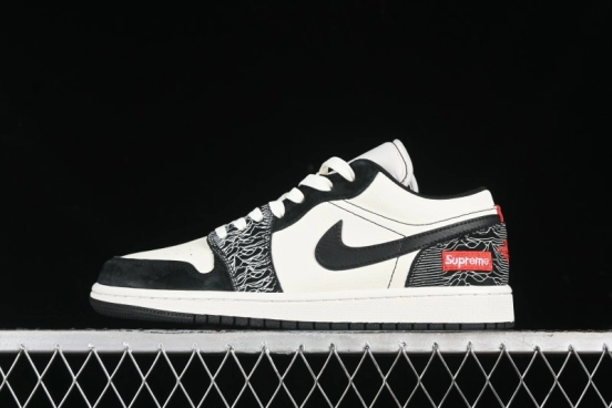Nike Air Jordan 1 Low Supreme Collaboration - Black White Embossed Custom Retro Basketball Shoes DC2024-032