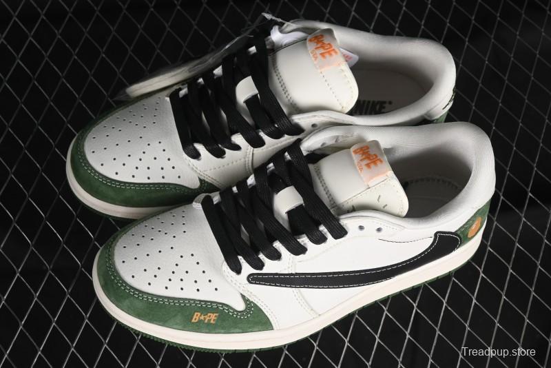 Nike Travis Scott x Fragment Design x Air Jordan 1 Low OG SP AJ1 Bape Collaboration - Jungle Green Low Top Casual Sneakers - XY2688-107