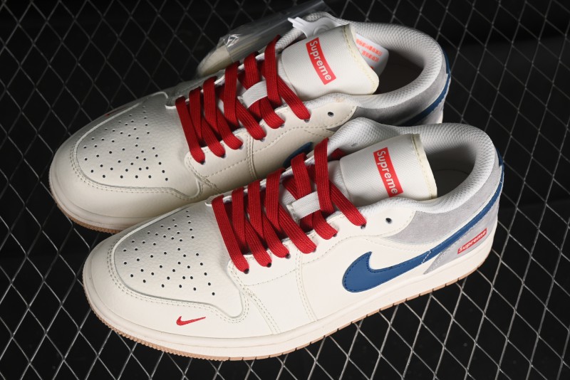 Nike Air Jordan 1 Low Supreme Collaboration - Retro Basketball Shoes in Blue and Gum Sole - SJ9950-022