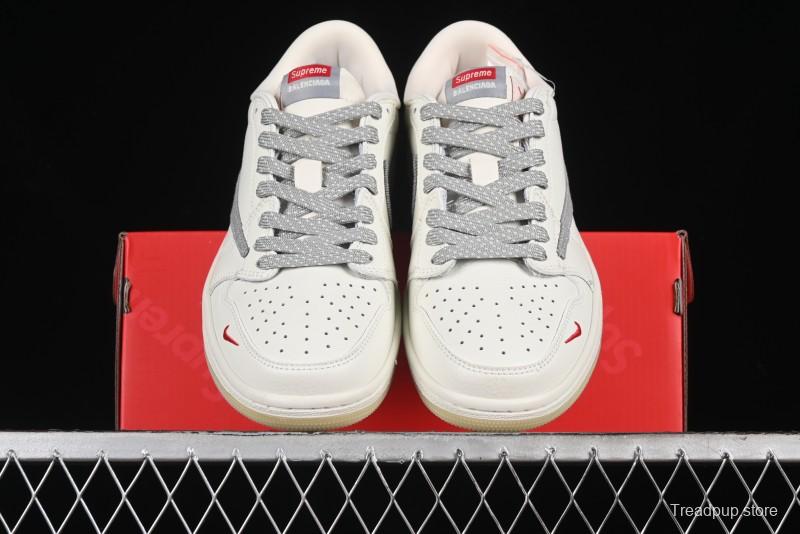 Nike Travis Scott x Fragment Design x Air Jordan 1 Low OG SP AJ1 Supreme Collaboration - Light Grey Denim Two-Tone Low-Top Casual Sneakers - JH6088-705