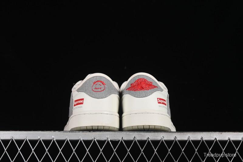 Nike Travis Scott x Fragment Design x Air Jordan 1 Low OG SP AJ1 Supreme Collaboration - Light Grey Denim Two-Tone Low-Top Casual Sneakers - JH6088-705