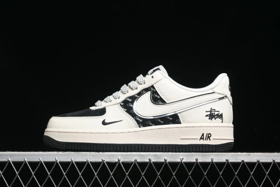 Nike Air Force 1 '07 Low Stussy Collaboration - Black Sail Silver Swoosh Casual Sneakers - XZ6188-729