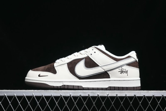 Nike SB Dunk Low Stussy Collaboration - Dark Brown White Swoosh Anniversary Custom Low-Top Casual Sneakers - KK1333-012