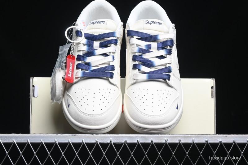 Nike SB Dunk Low Supreme Collaboration - White Blue Color Blocking with Mini Swoosh Anniversary Custom Edition Low-Top Casual Skate Shoes - BB8675-110