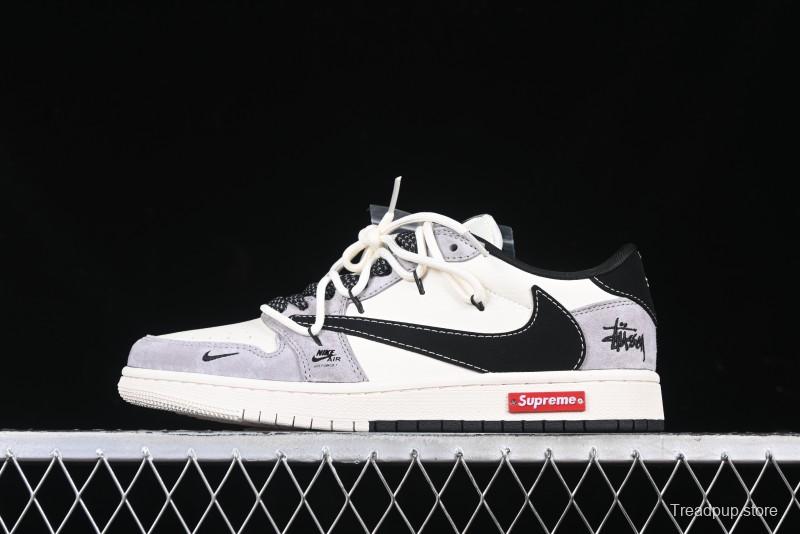 Nike Travis Scott x Fragment Design x Air Jordan 1 Low OG SP AJ1 Stussy Collaboration - Black Hook Dual-Tone Drawstring Low-Top Casual Sneakers - SJ0086-139