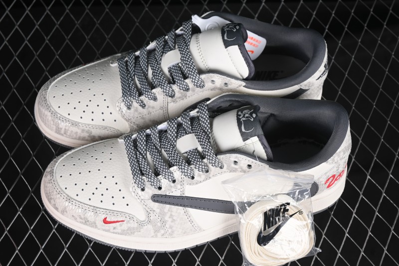 Nike Travis Scott x Fragment Design x Air Jordan 1 Low OG SP AJ1 Snake Year Limited Grey Snake Scale with Grey Swoosh Low-top Casual Sneakers - XS3086-009