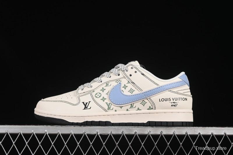 Nike SB Dunk Low LV Collaboration Anniversary Custom Sneakers with Black Stitch and Blue Swoosh - XX3168-143