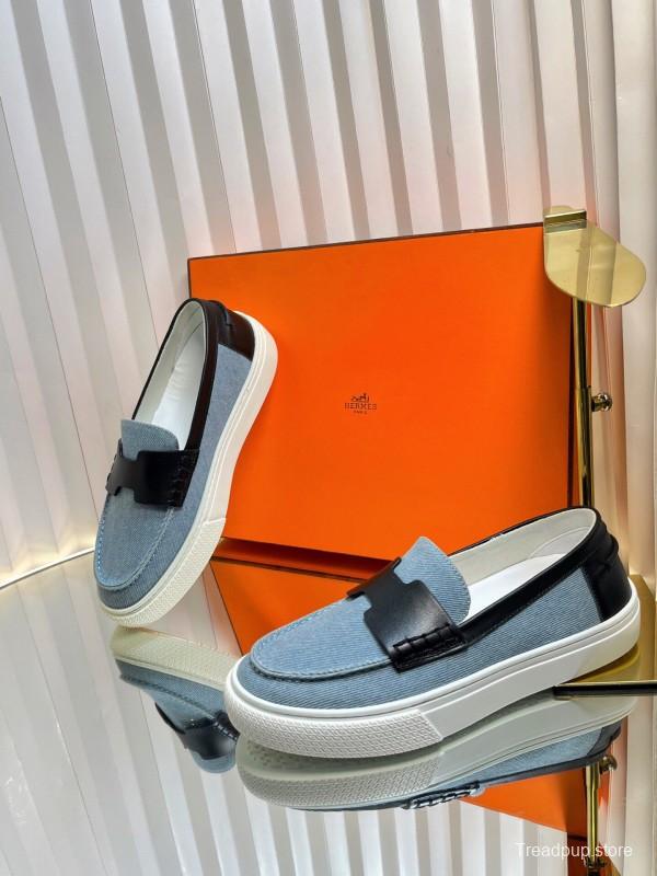 2025 Women Hermès Blue Black Leather Denim Loafers LY00310