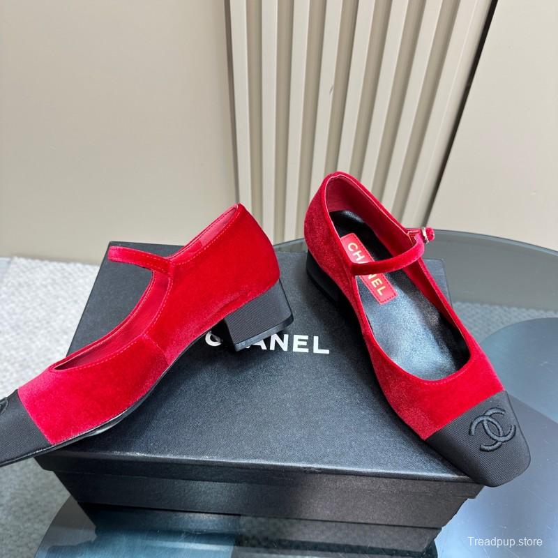 2025 Women Chanel Red Black Suede Leather Mary Jane Exclusive KFY00290
