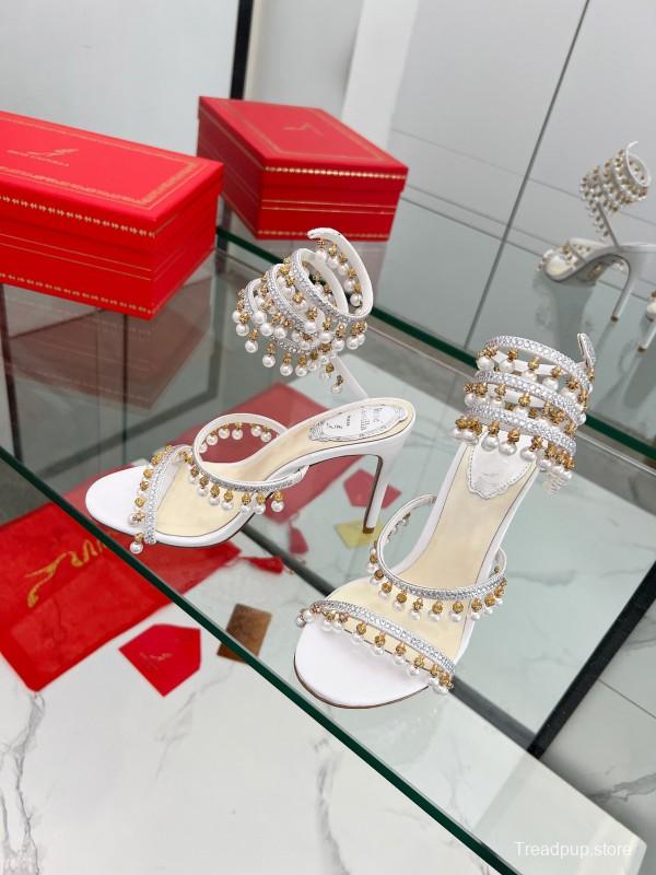 2025 Women RC White Crystal Pearl Leather High Heel Sandals LY00360