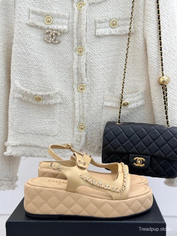 2025 Women Chanel Beige Leather Platform Sandals Chain KFY00270