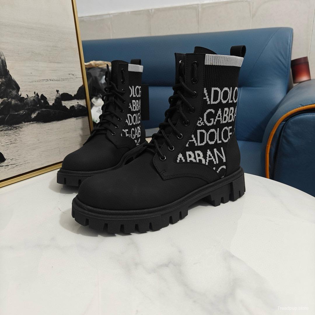 2024 Unisex Dolce & Gabbana Black Knit Leather Combat Boots MJ00390