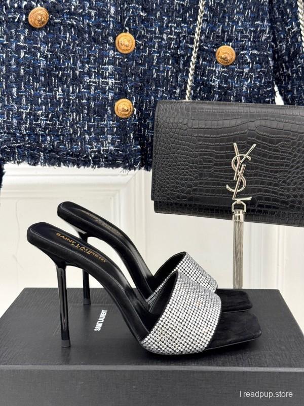 2025 Women Yves Saint Laurent Black Silver Crystal Leather Heeled Slippers LY00300