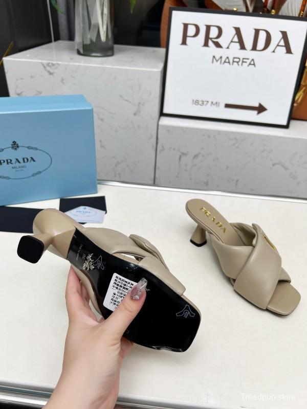 2025 Women Prada Beige Leather Mule Triangle Logo LY00270