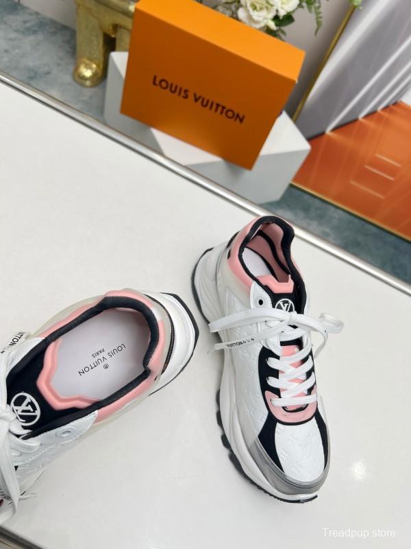 2025 Women Louis Vuitton White Black Pink Leather Mesh Sneakers LY00340
