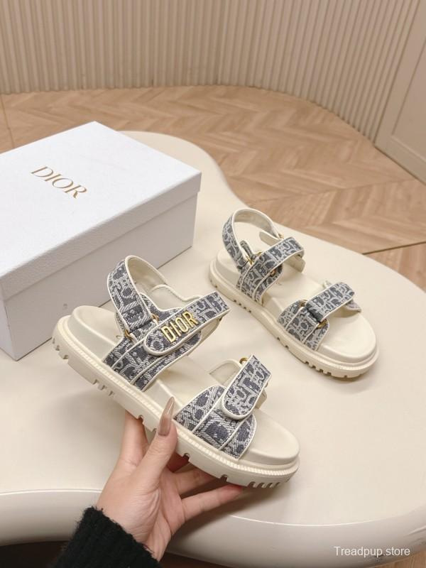 2025 Women Dior Gray White Jacquard Fabric Sandals LY