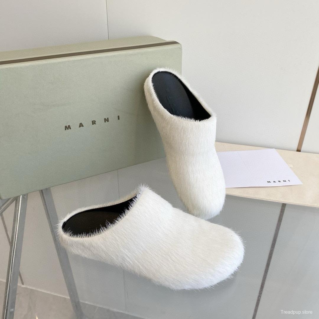 2024 Women Marni White Pony Hair Leather Mules MJ00320