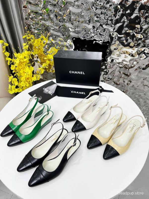 2025 Women Chanel White Black Leather Slingback Flats