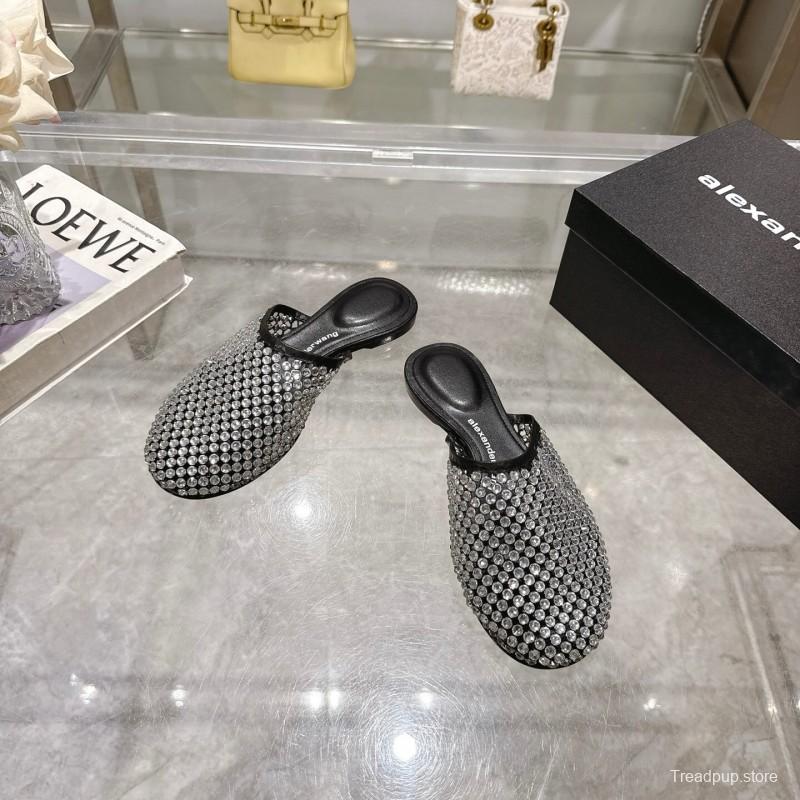 2025 Slippers Alexander Wang Black Crystal Mesh Leather Slippers LY00310