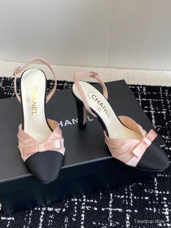 2025 Women Chanel Pink Black Satin Leather Slingback Heels KFY00289