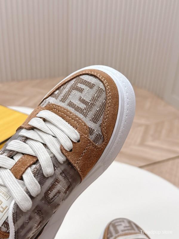 2025 Women Fendi Brown Beige Leather Mesh Sneakers LY00340