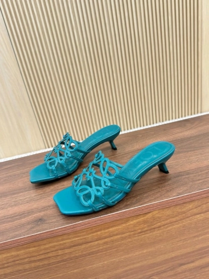 2025 Women Loewe Turquoise Leather Heeled Sandals LY00250