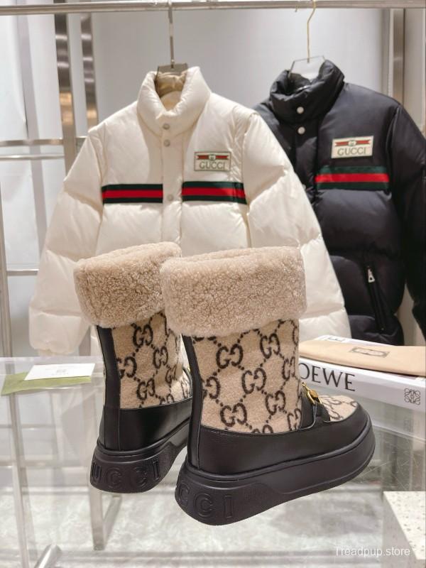 2024 Women Gucci beige black leather shearling snow boots MJ00420