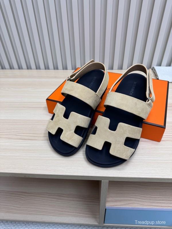 2025 Slippers Hermès Beige Black Suede Leather Sandals