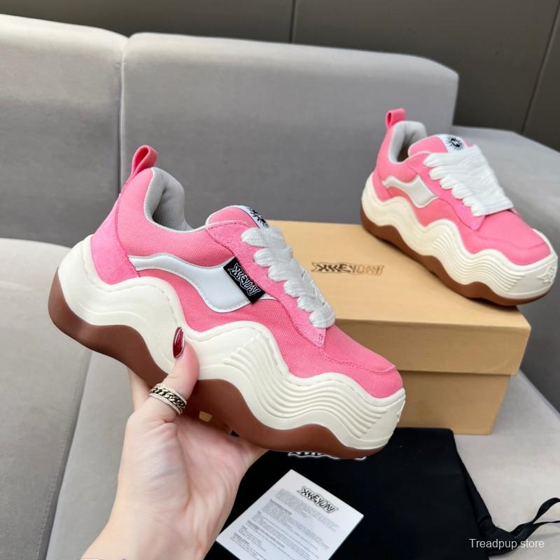 2025 Women HEYDAY Pink White Canvas Leather Wave Bread Sneakers KFY00260(F)