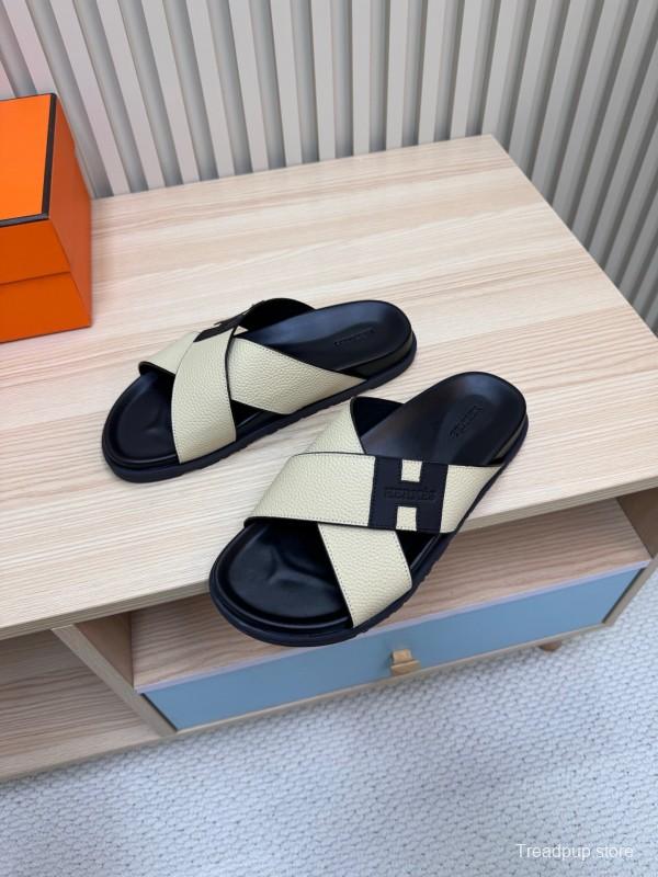 2025 Slippers Hermès Black Ivory Leather Cross Strap