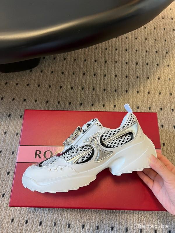 2025 Women Roger Vivier White Black Leather Synthetic Fabric Sneakers KFY00380