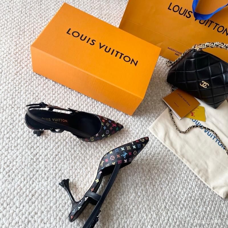 2025 Women Louis Vuitton Black Multicolor Canvas Leather Slingback Heels