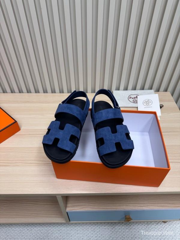 2025 Women Hermès Navy Suede Leather Sandals