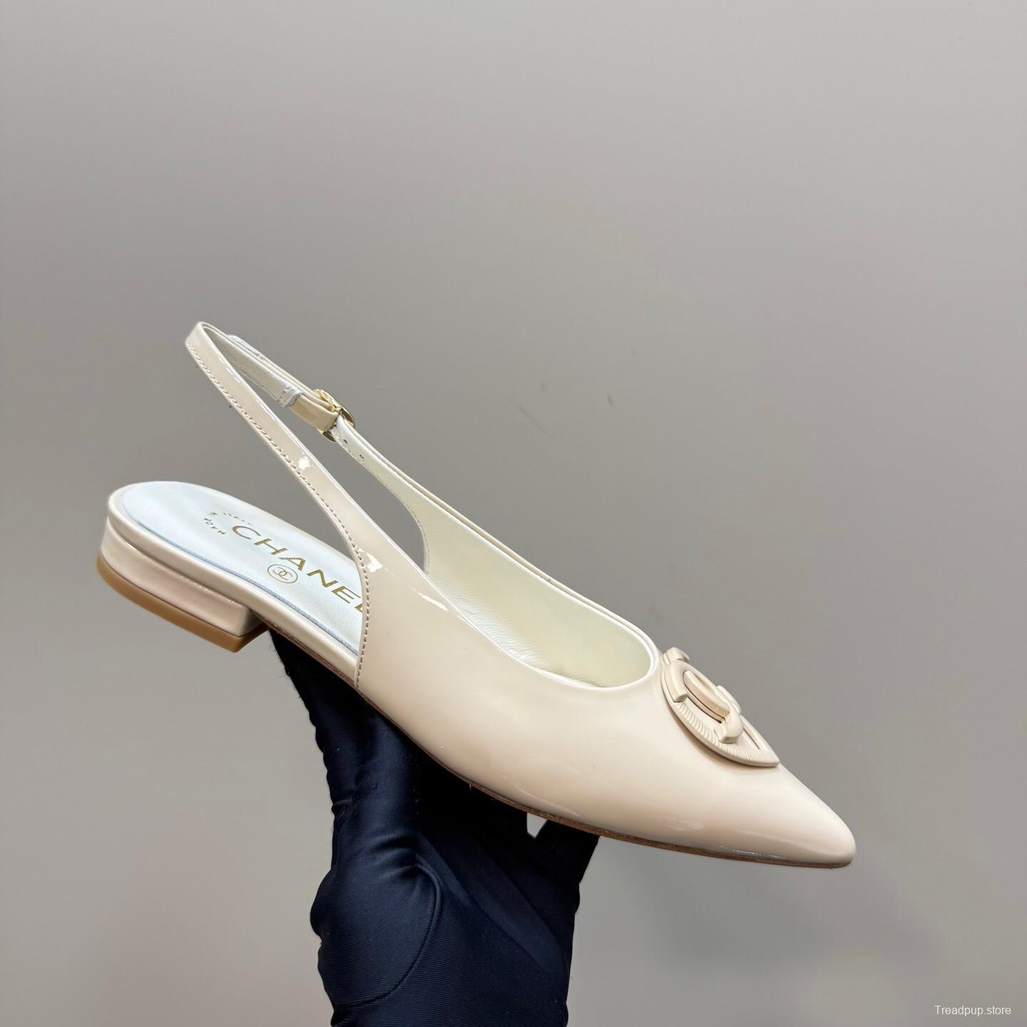 2025 Women Chanel Beige Patent Leather Slingback Heels KFY00290