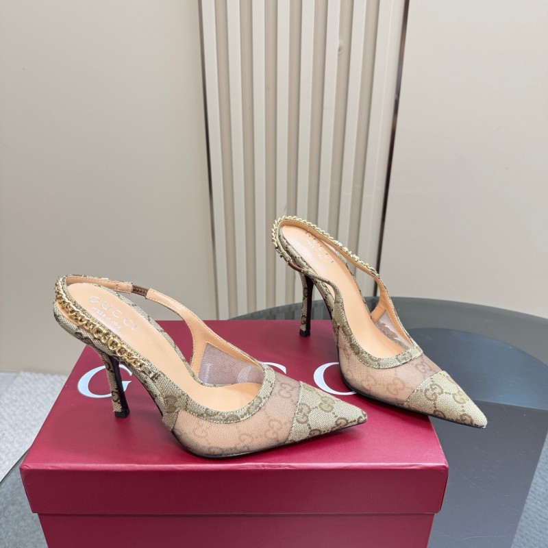 2025 Women Gucci Beige Mesh Fabric High Heel Pumps With Gold Chain Detailing KFY00300(F)