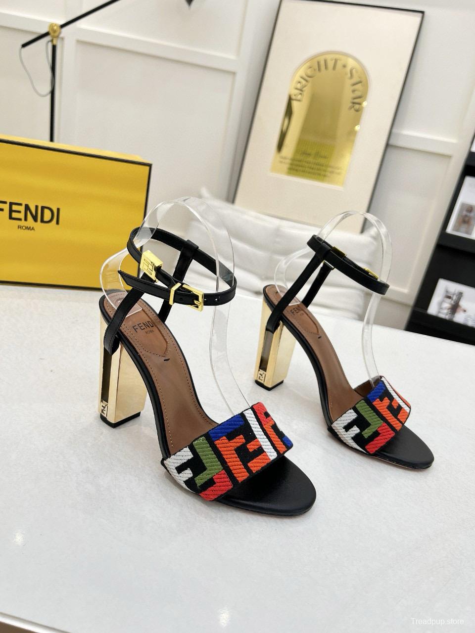2025 Women Fendi Black Multicolor Leather Suede Sandals MJ00280