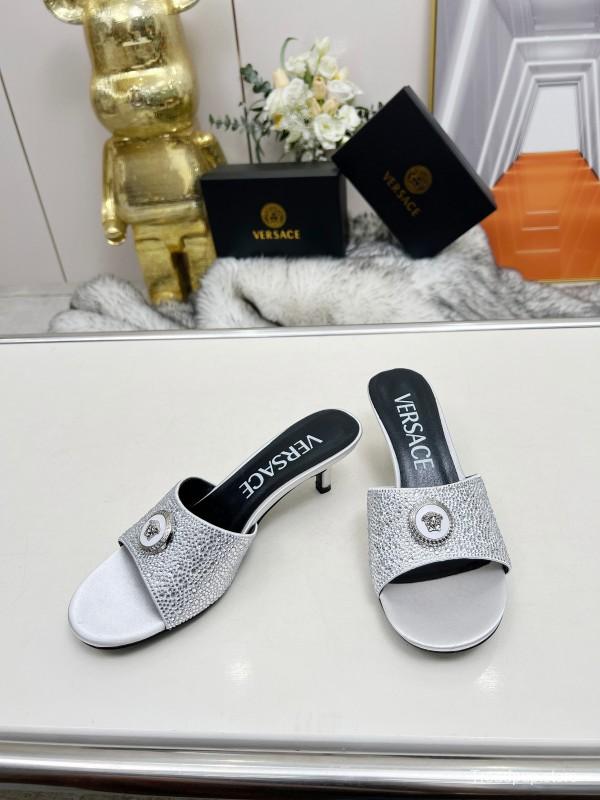 2025 Women VERSACE White Crystal Satin Mules
