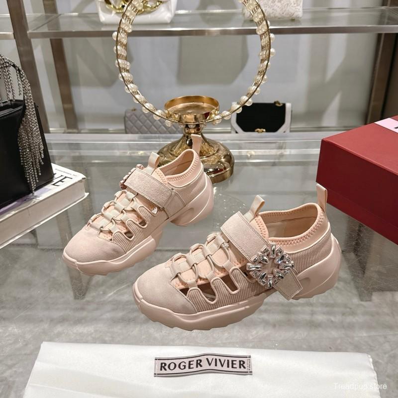 2025 Women Roger Vivier Pink Knit Suede Sneakers Crystal Buckle LY00300