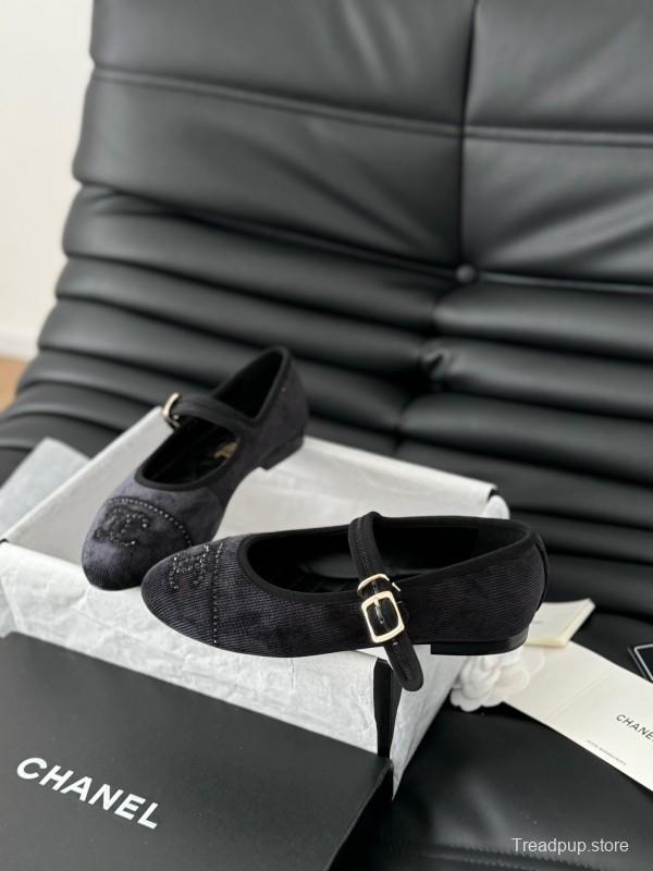 2025 Women Chanel Black Velvet Mary Jane Embroidered LY00280