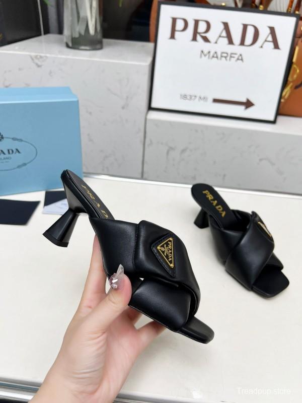 2025 Women Prada Black Soft Leather High Heel Mules KFY00270