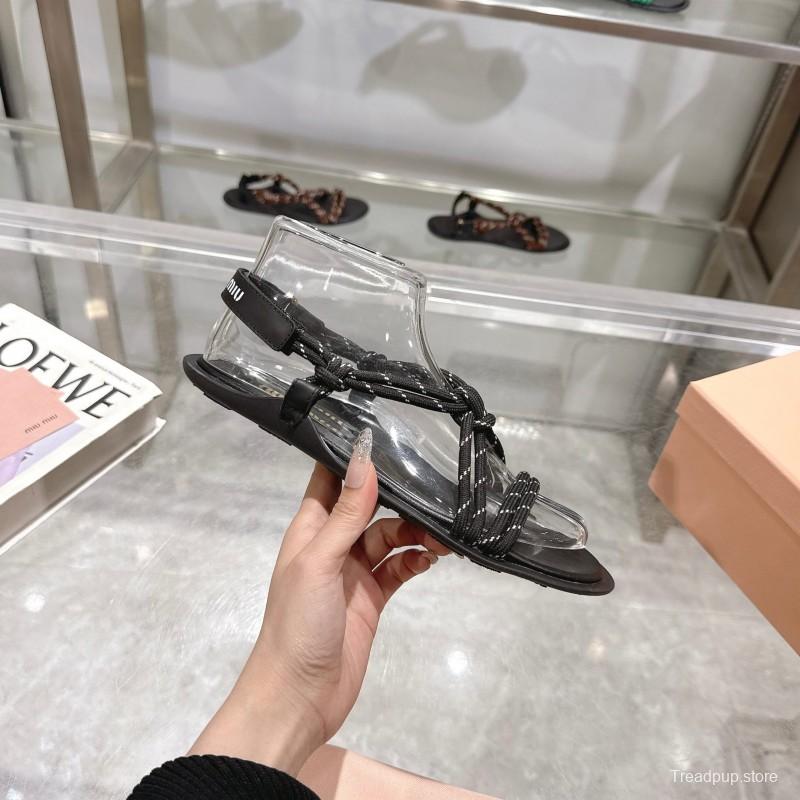 2025 Women Miu Miu Black Leather Rope Sandals