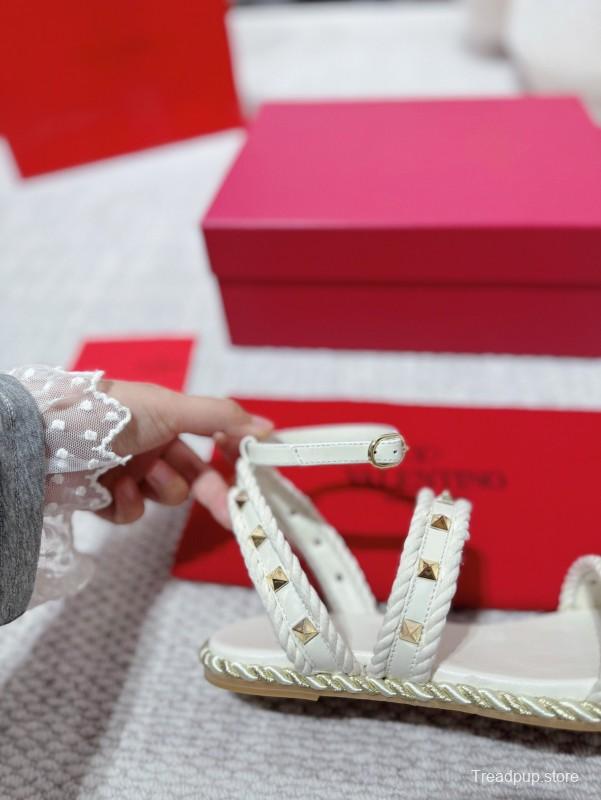 2025 Women Valentino White Leather Sandals Studded LY00250