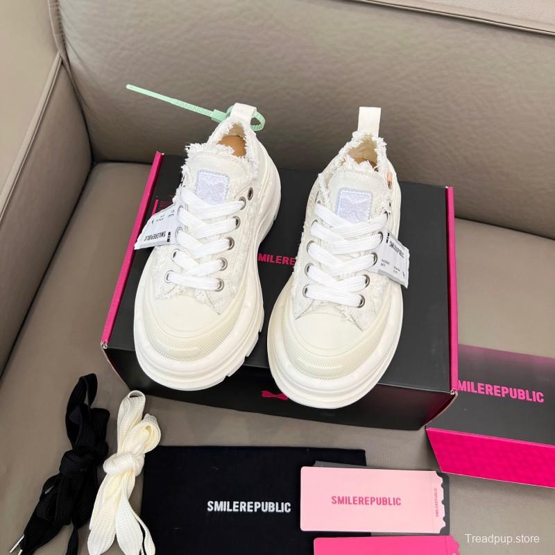 2025 Unisex Smile Republic White Canvas Thick Sole Casual Sneakers Frayed Edge LY00291